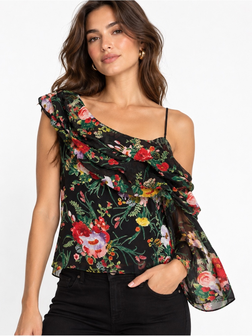 Alice + Olivia Serita Blooming Bouquet Floral Silk One Shoulder Top